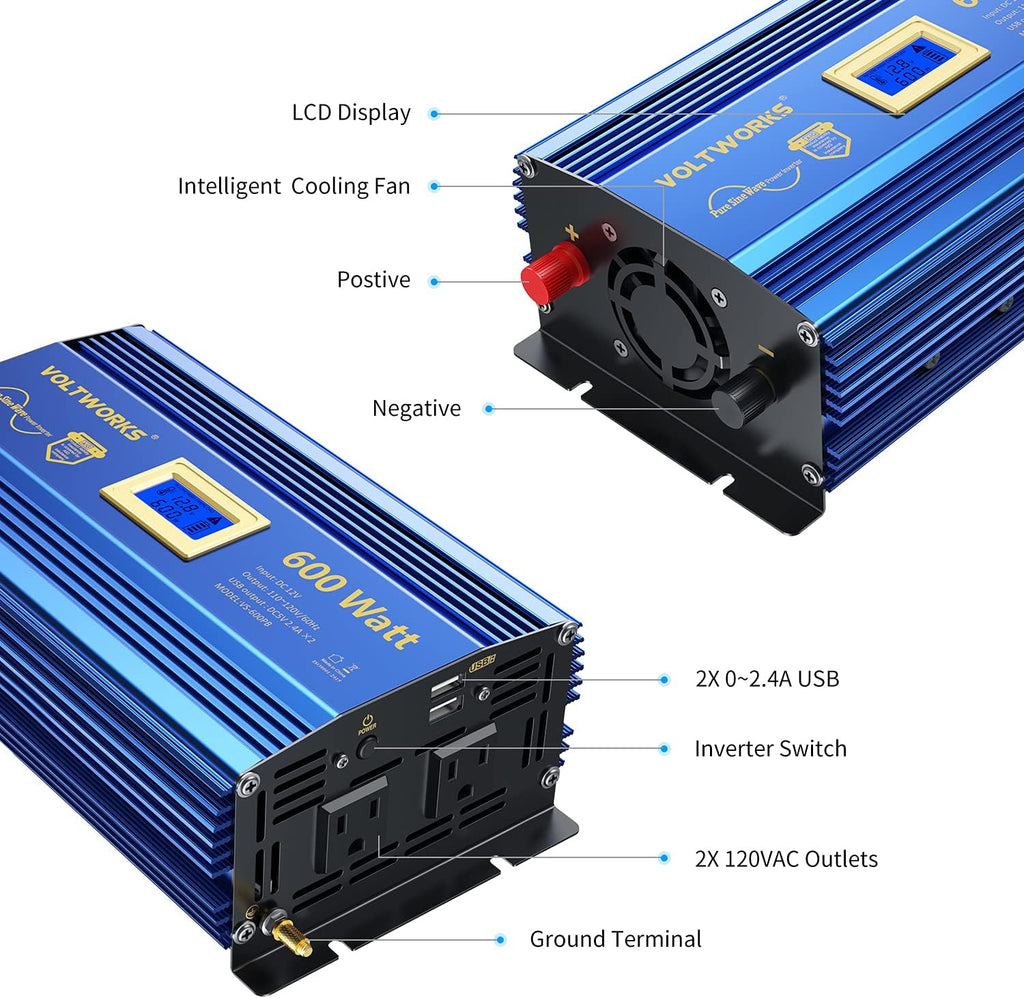 600 Watts Pure Sine Wave Power Inverter DC 12V to AC 110V with Dual USB Port & LCD Display D134