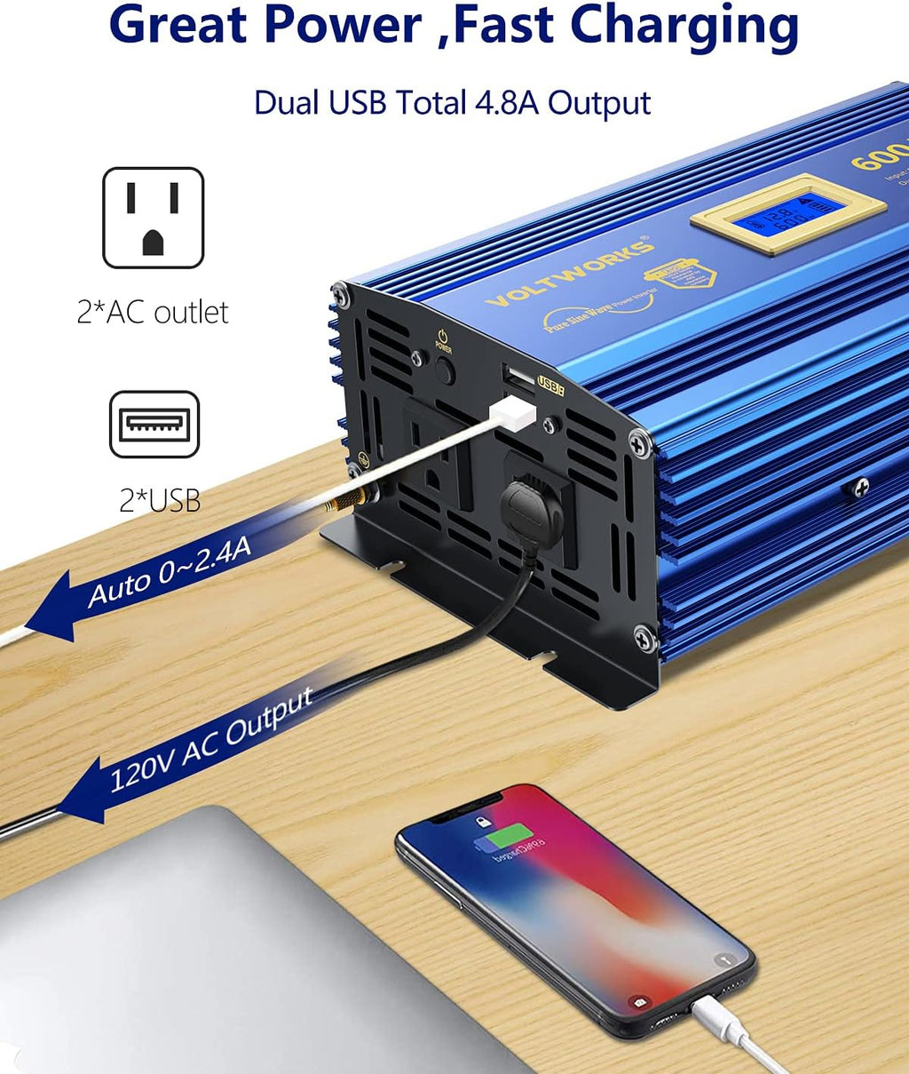 600 Watts Pure Sine Wave Power Inverter DC 12V to AC 110V with Dual USB Port & LCD Display D134