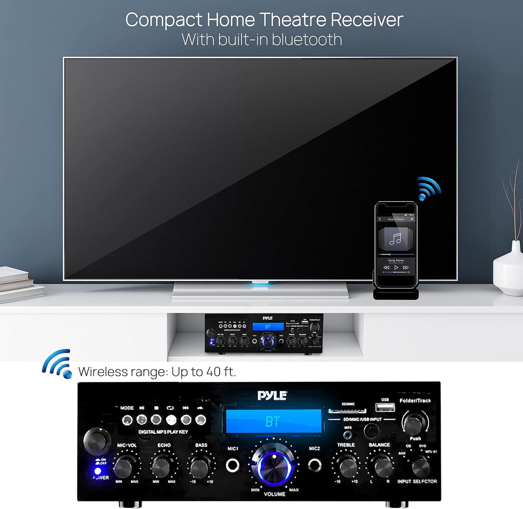 Pyle Compact Bluetooth Stereo Amplifier 200 Watt Desktop Audio Power Amp Receiver with FM Radio, MP3/USB/SD Readers, Digital LCD Display, Microphone Input S317601