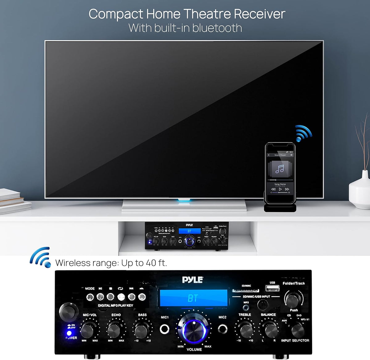 Pyle Compact Bluetooth Stereo Amplifier 200 Watt Desktop Audio Power Amp Receiver with FM Radio, MP3/USB/SD Readers, Digital LCD Display, Microphone Input S317601