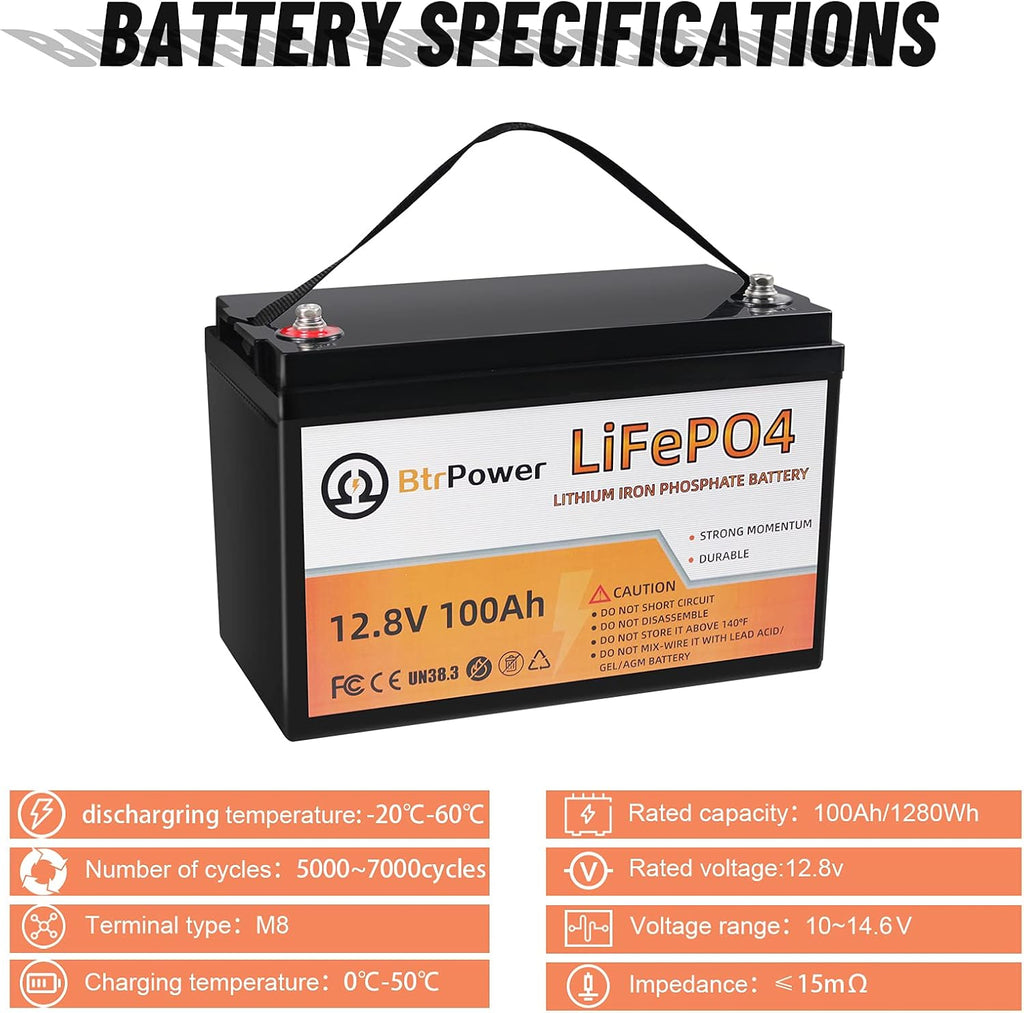 2 Pack 12V 100Ah LiFePO4 Deep Cycle Rechargeable Battery with 100A BMS E958