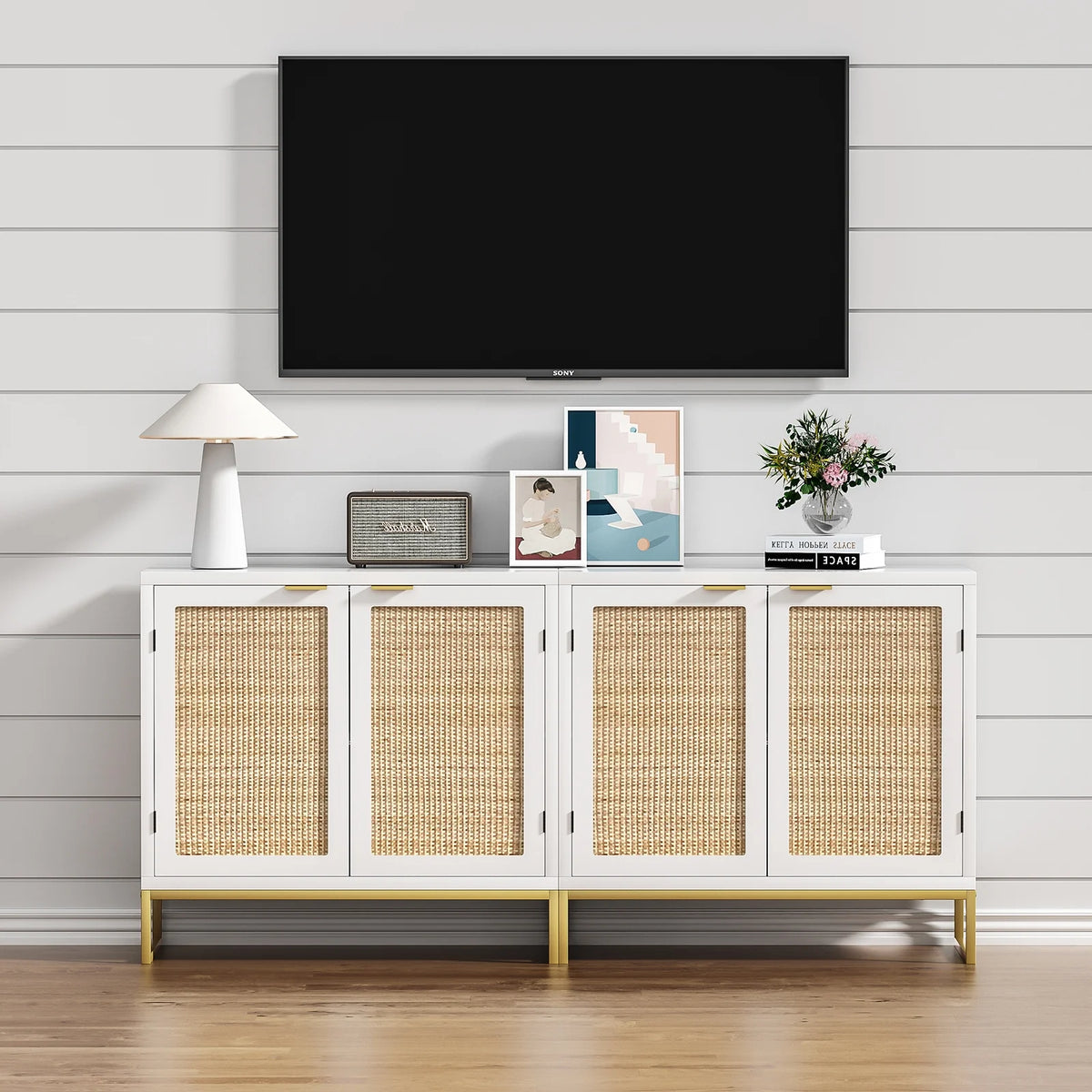 White 2 Rattan Doors Sideboard Buffet Cabinet with Shelf W694