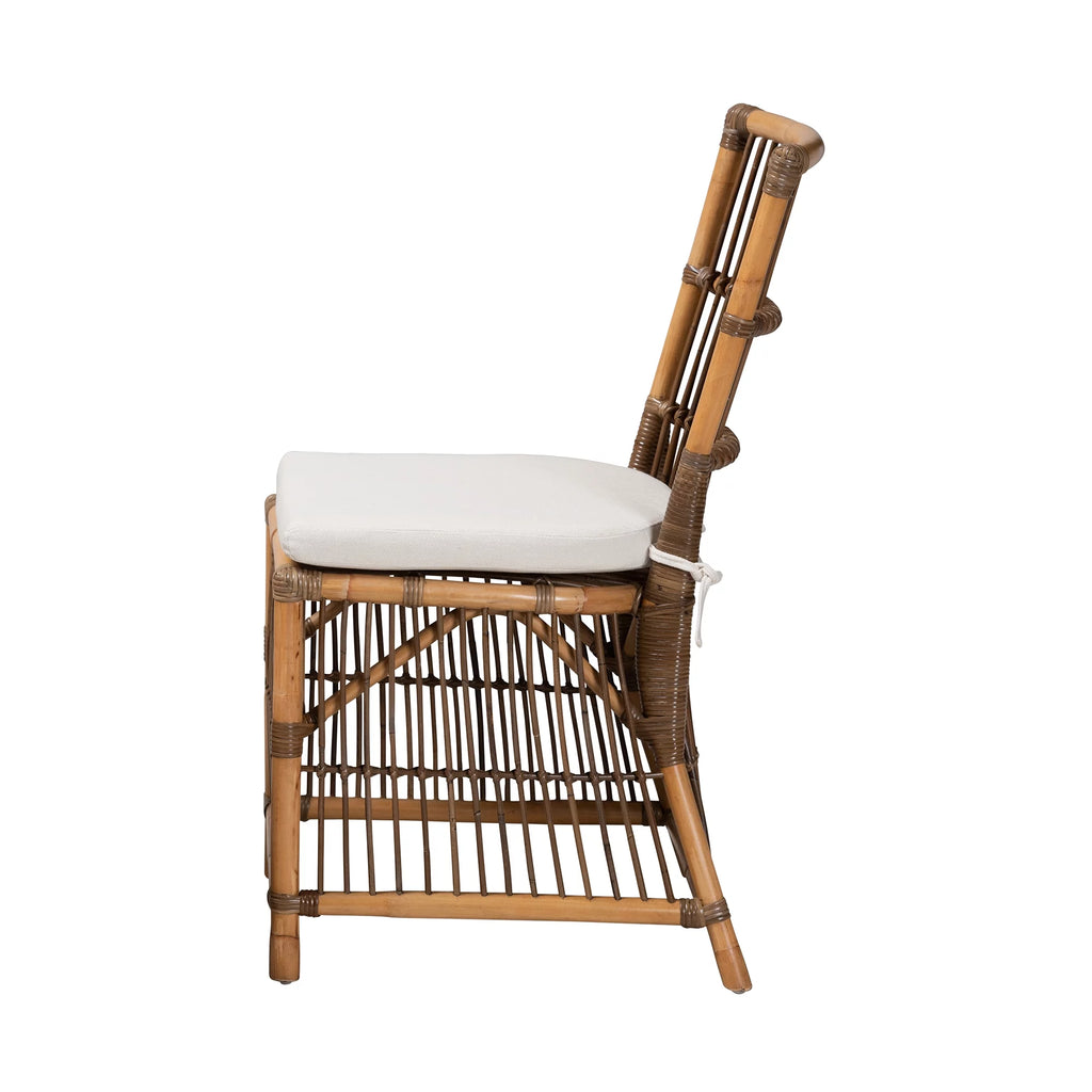 White Fabric and Natural Brown Rattan Dining Chair R89063