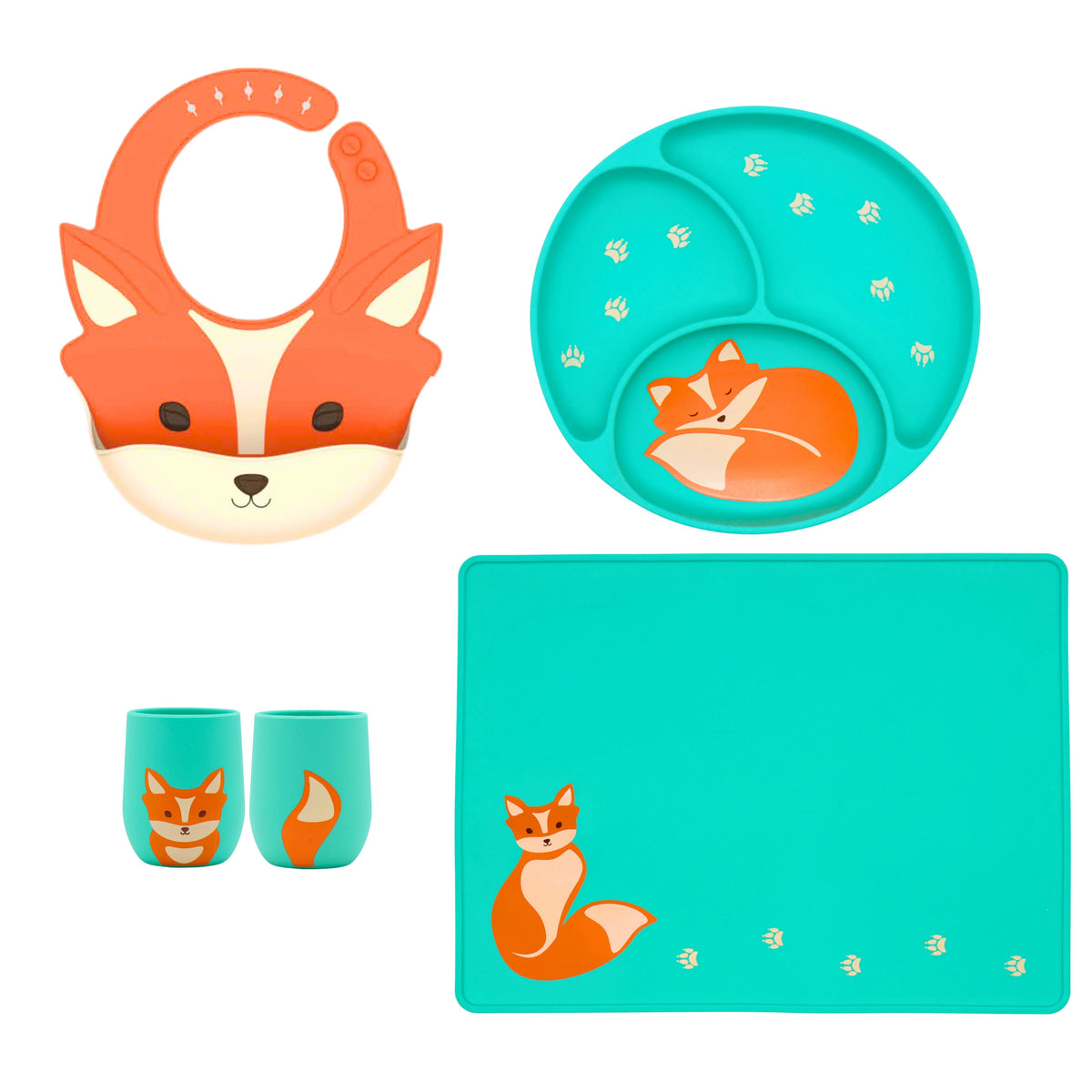 Silicone Baby Feeding Set with Bib, Plate, Cup, and Placemat Y9232