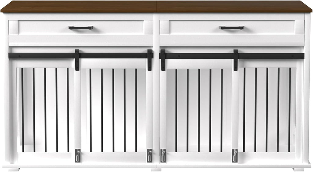 White Wooden Dog Crate with 2 Storage Drawers and Removable Divider G159
