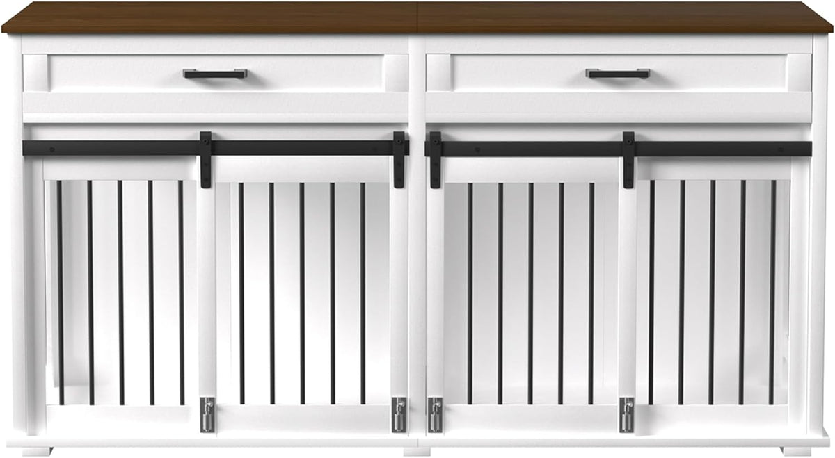 White Wooden Dog Crate with 2 Storage Drawers and Removable Divider G159