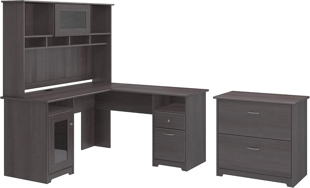 L Shaped Desk with Hutch and Lateral File Cabinet Q657