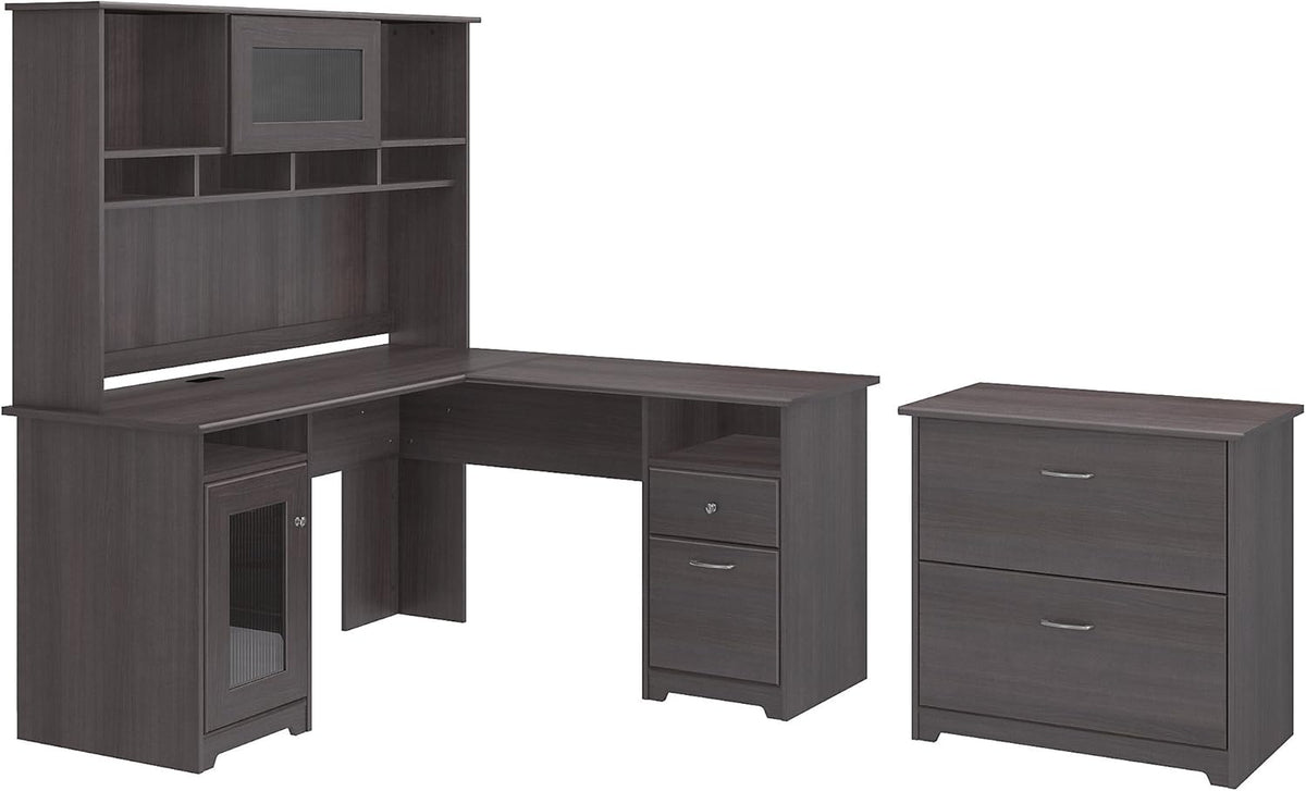 L Shaped Desk with Hutch and Lateral File Cabinet Q657