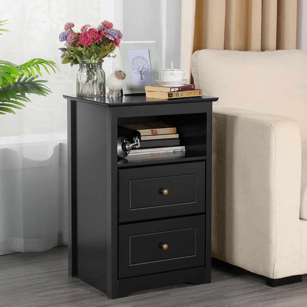 Black Tall End Table with 2 Drawers and Open Shelf U1724