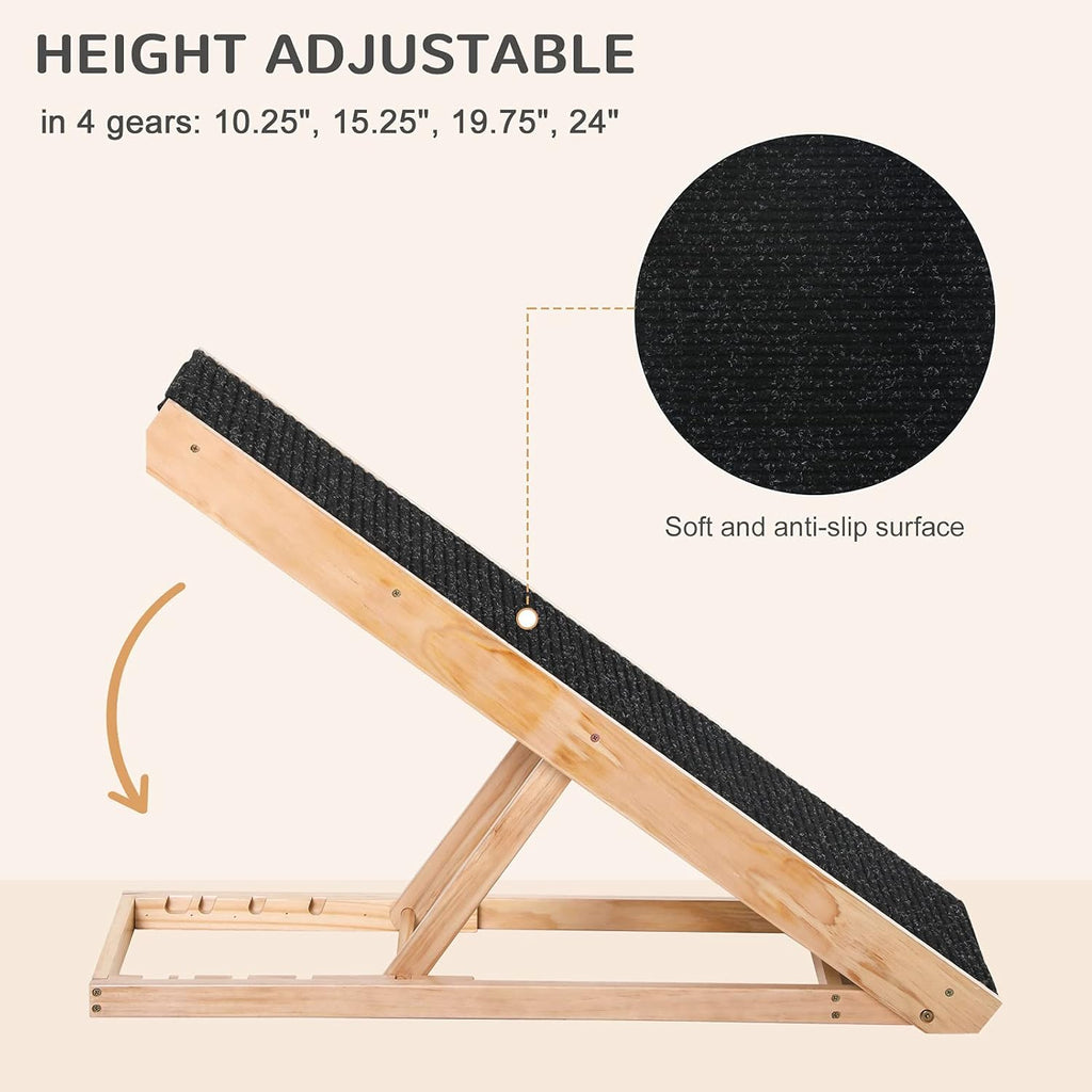 Elevated Pet Ramp, Foldable, Height Adjustable, Non-Slip Finish, Pine, 35.5" L x 16" W x 24" H, Black X4765