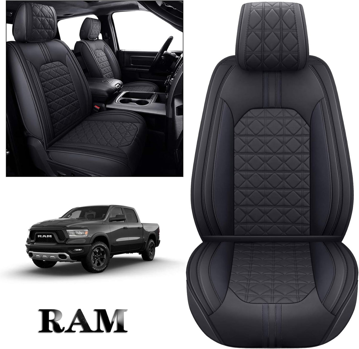 Black-White Waterproof Faux Leather Front Seat Covers P62773