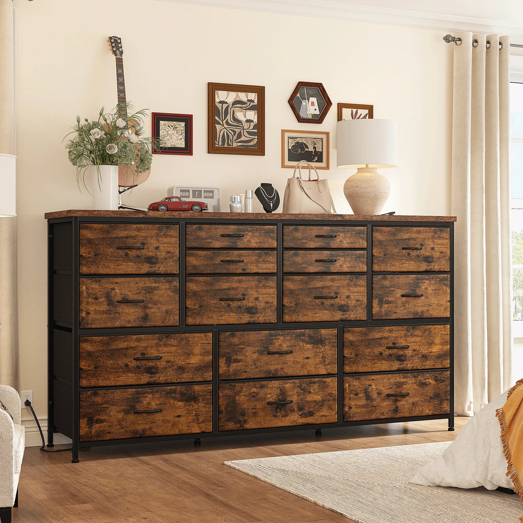 Black 16 Drawer Fabric Dresser TV Stand with Power Outlet F177