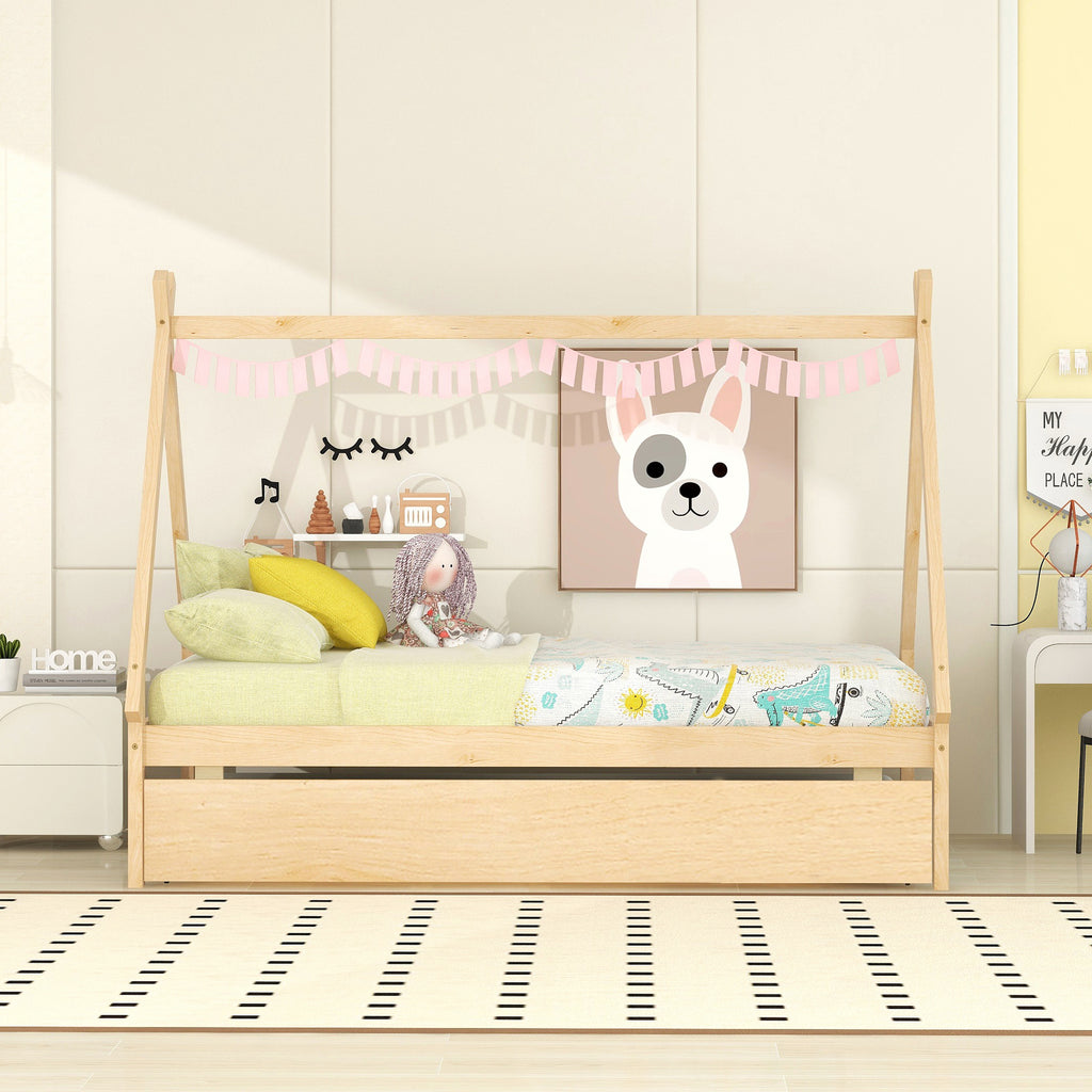Natural Twin Size Teepee Bed with Trundle J162012