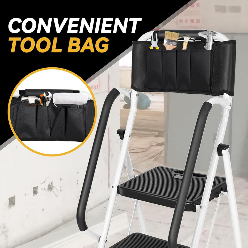 White 3 Step Ladder with Handrails & Attachable Tool Bag, 500 lbs Folding Step Stool X9543