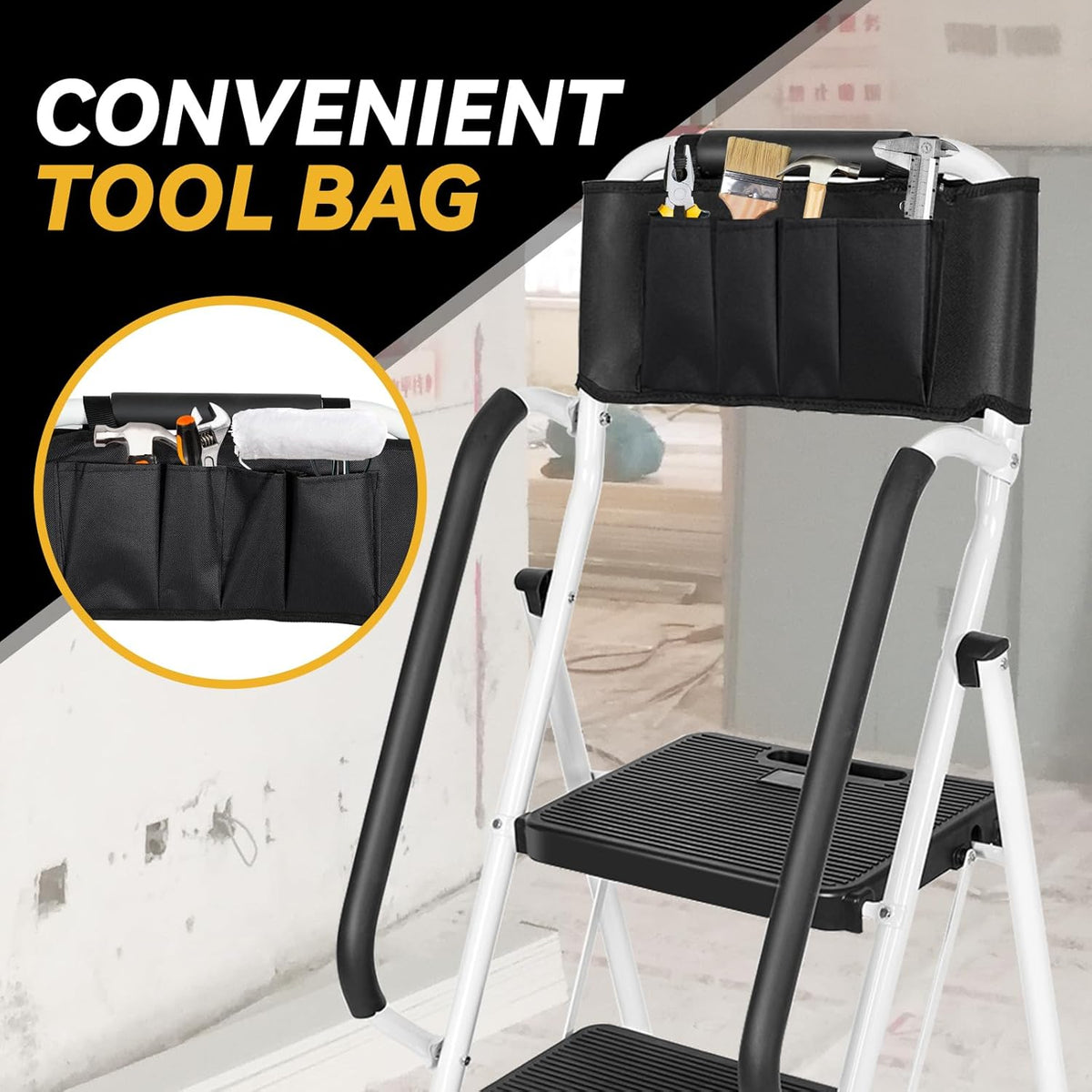 White 3 Step Ladder with Handrails & Attachable Tool Bag, 500 lbs Folding Step Stool X9543