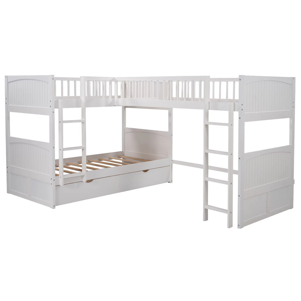 Twin Size L-Shaped Wood Triple Bunk Bed with Drawers F630