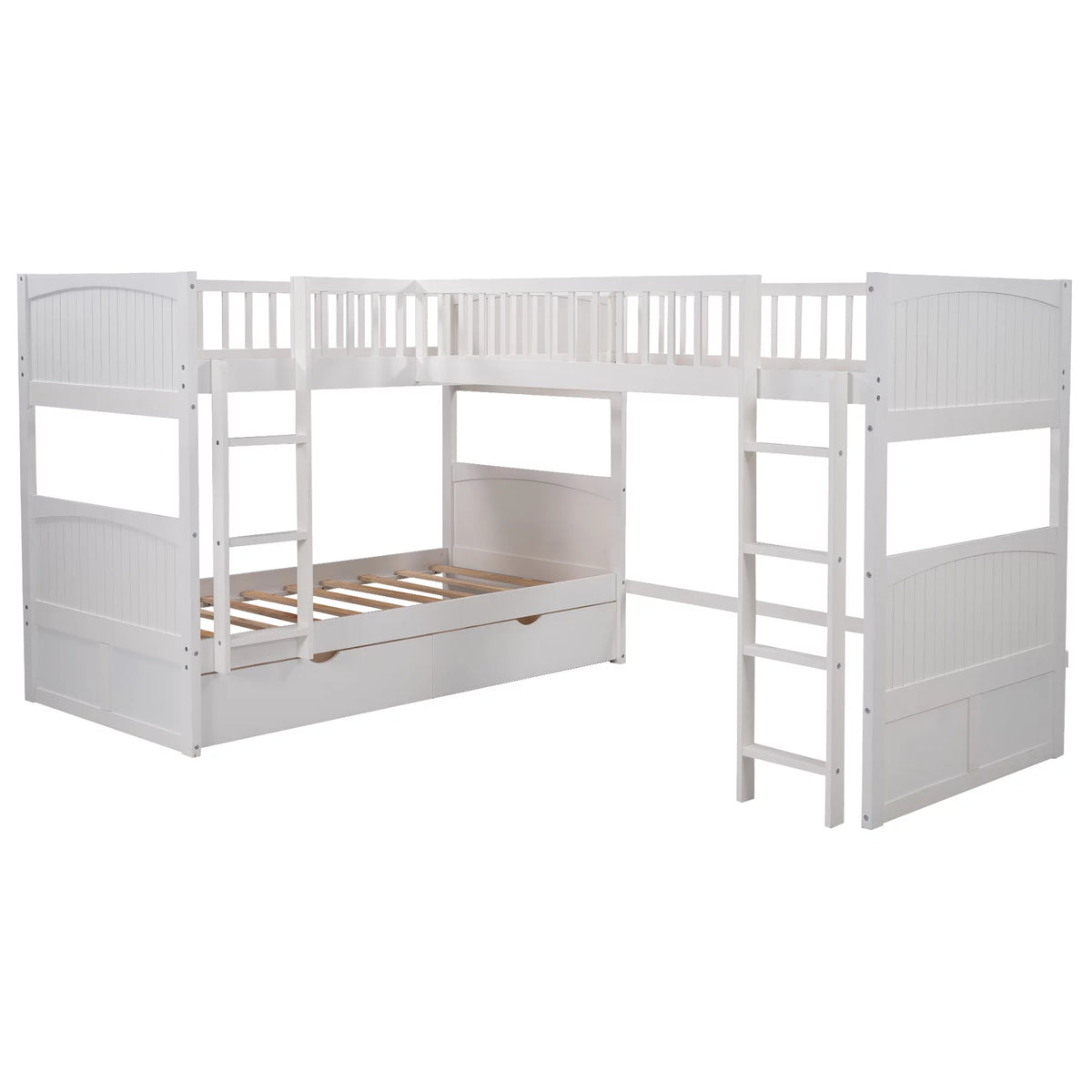 Twin Size L-Shaped Wood Triple Bunk Bed with Drawers F630