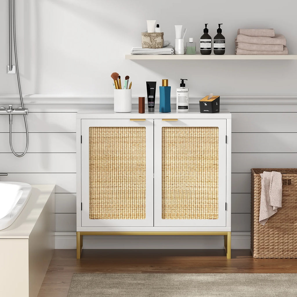 White 2 Rattan Doors Sideboard Buffet Cabinet with Shelf W694