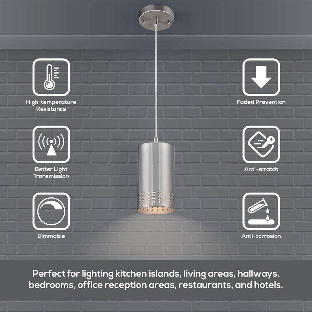 Adjustable Mini Pendant with Perforated Cylindrical Metal Shade, Brushed Nickel, Pack of 2 K2082