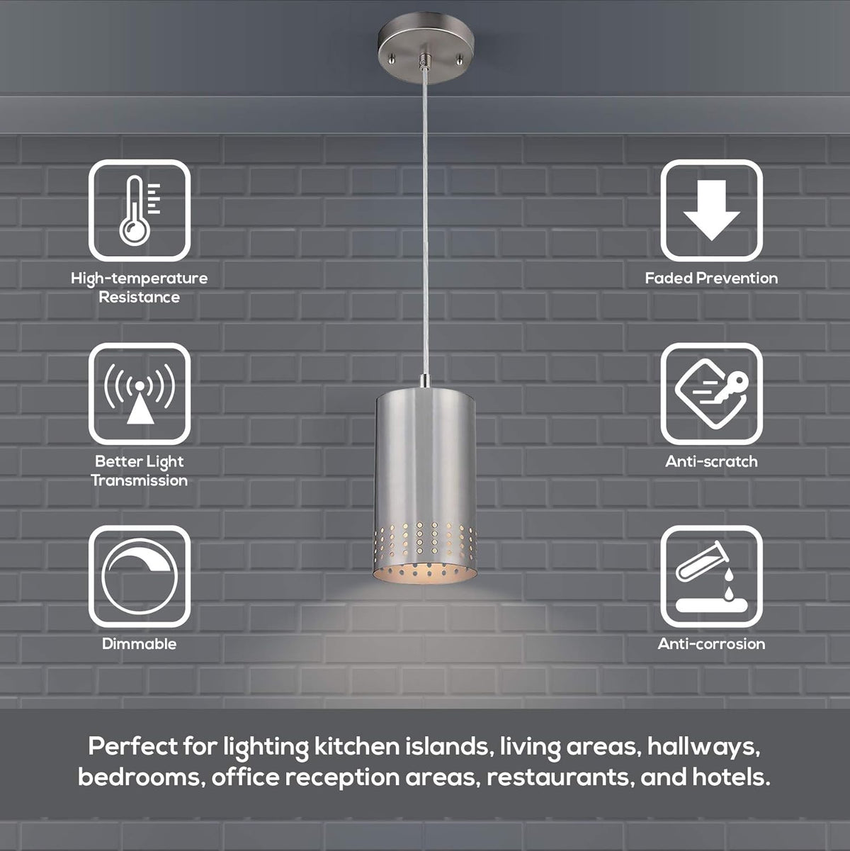 Adjustable Mini Pendant with Perforated Cylindrical Metal Shade, Brushed Nickel, Pack of 2 K2082