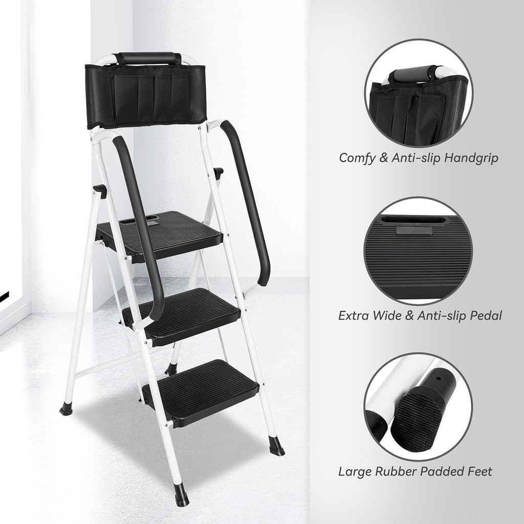 White 3 Step Ladder with Handrails & Attachable Tool Bag, 500 lbs Folding Step Stool X9543
