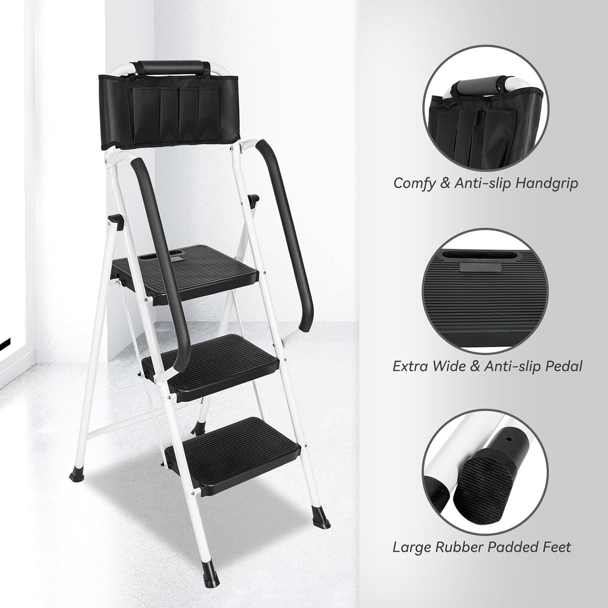 White 3 Step Ladder with Handrails & Attachable Tool Bag, 500 lbs Folding Step Stool X9543