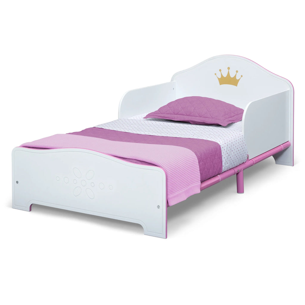 Wood Toddler Bed with Fabric Mattress Support, White/Pink X689317
