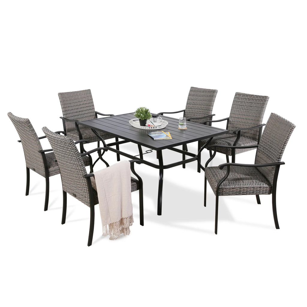 6-Person Metal Rattan Patio Dining Set with Umbrella Hole Y8335
