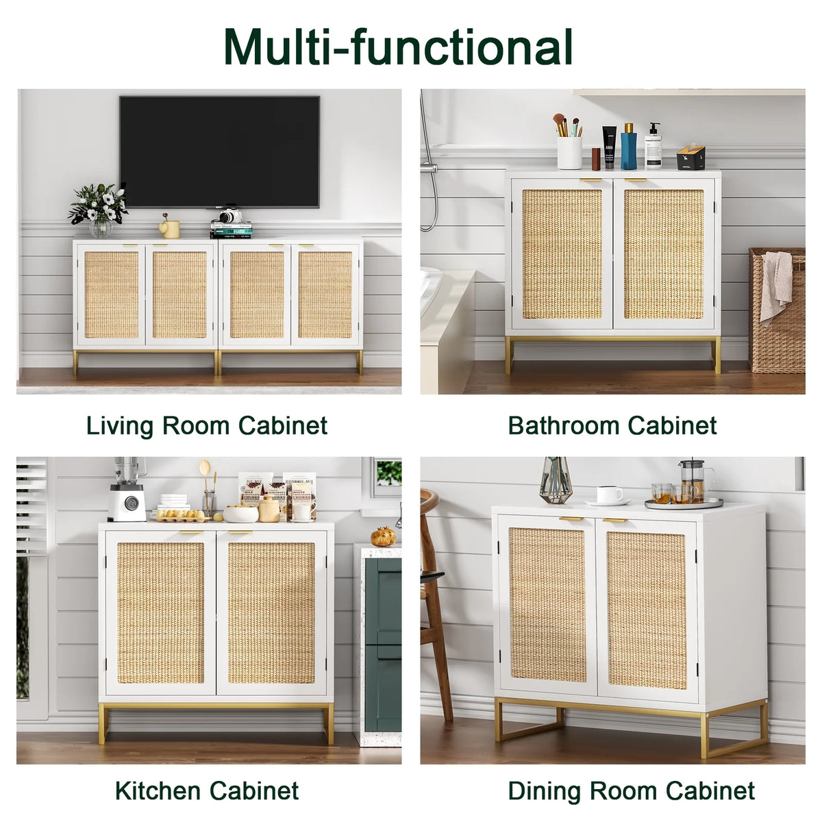 White 2 Rattan Doors Sideboard Buffet Cabinet with Shelf W694