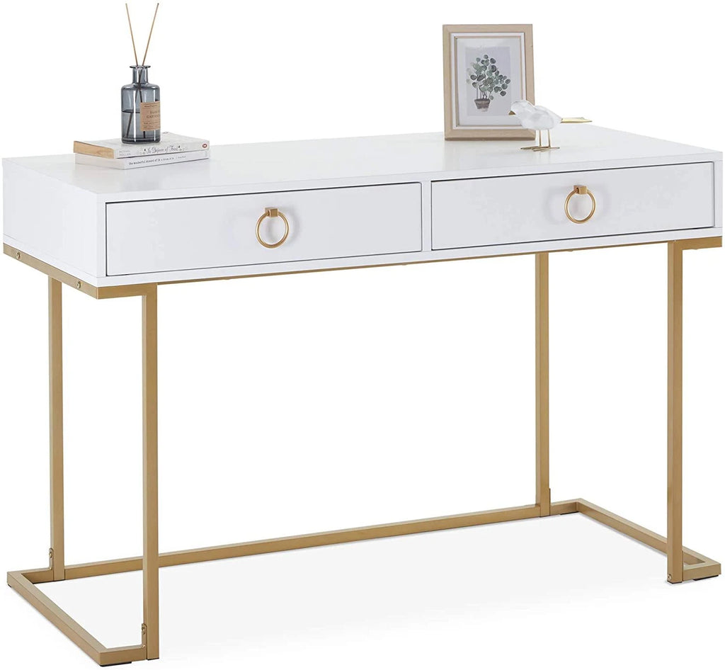 White & Gold Desk Console with Drawers L36649