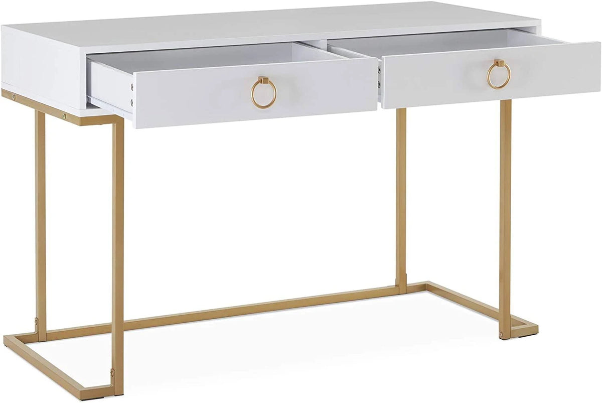 White & Gold Desk Console with Drawers L36649