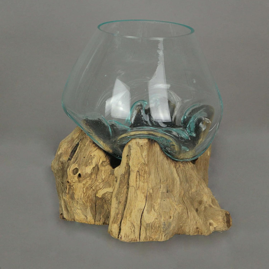7-Inch Melted Glass and Teak Driftwood Centerpiece Bowl D8481