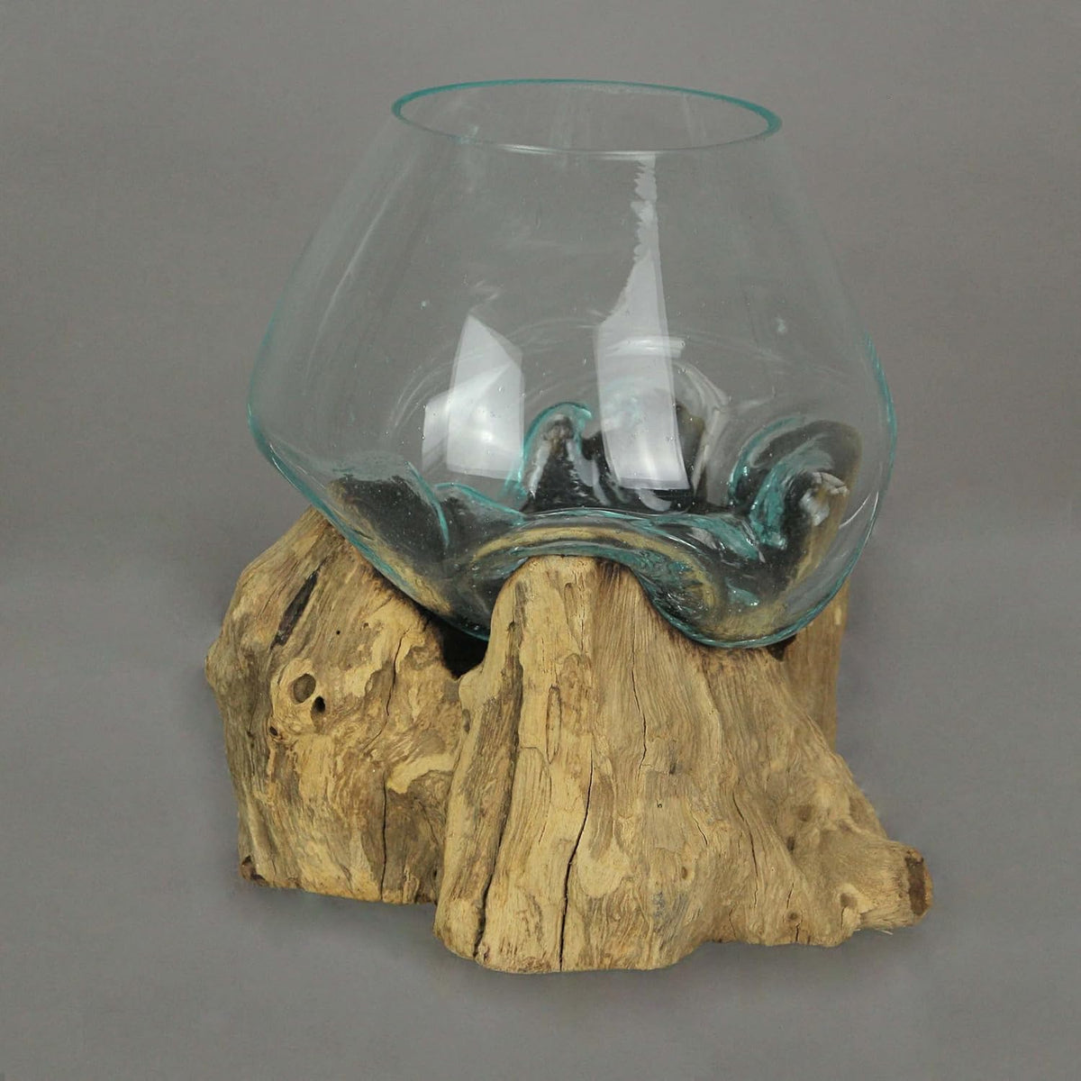 7-Inch Melted Glass and Teak Driftwood Centerpiece Bowl D8481
