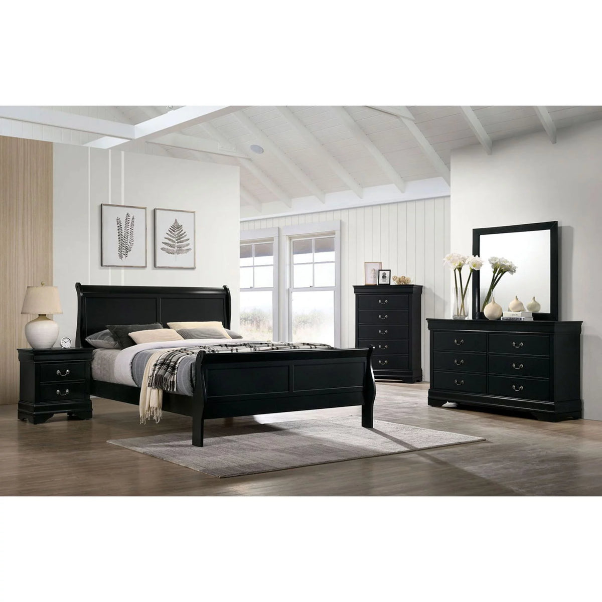 Black Queen Size Solidwood Sleigh Bed Q768000