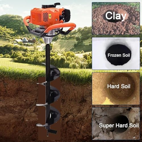72cc Gas Powered Earth Auger with Three Drill Bit 4" 6" 8" and Three Extension Rods 8" 12" 20" X227
