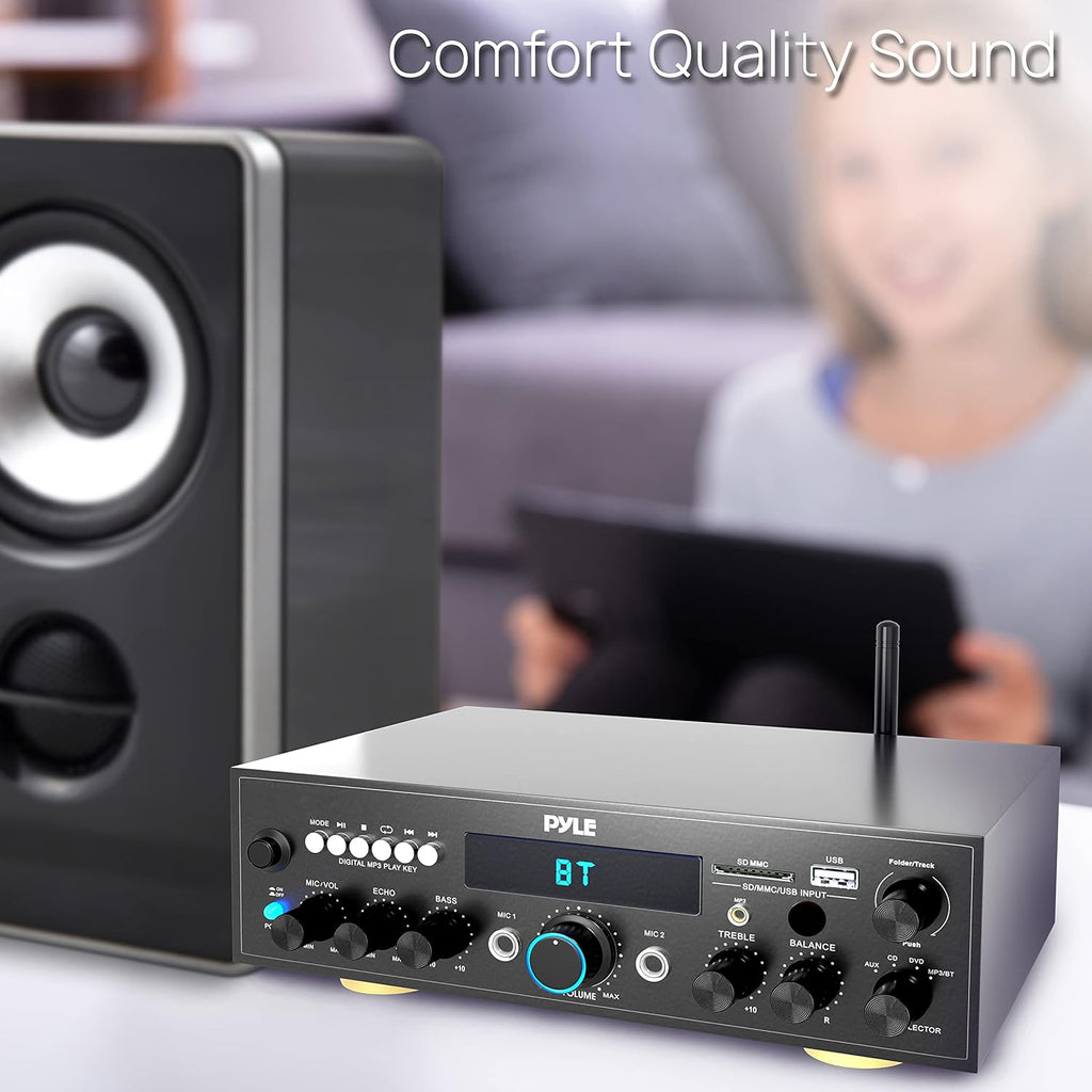 Pyle Compact Bluetooth Stereo Amplifier 200 Watt Desktop Audio Power Amp Receiver with FM Radio, MP3/USB/SD Readers, Digital LCD Display, Microphone Input S317601