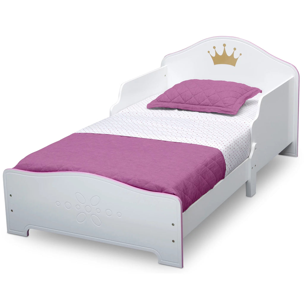 Wood Toddler Bed with Fabric Mattress Support, White/Pink X689317