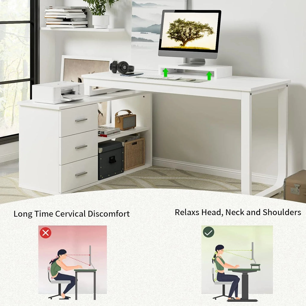 White L Shaped Desk with Drawers 55 inch Reversible Computer Desk with Shelves D947343