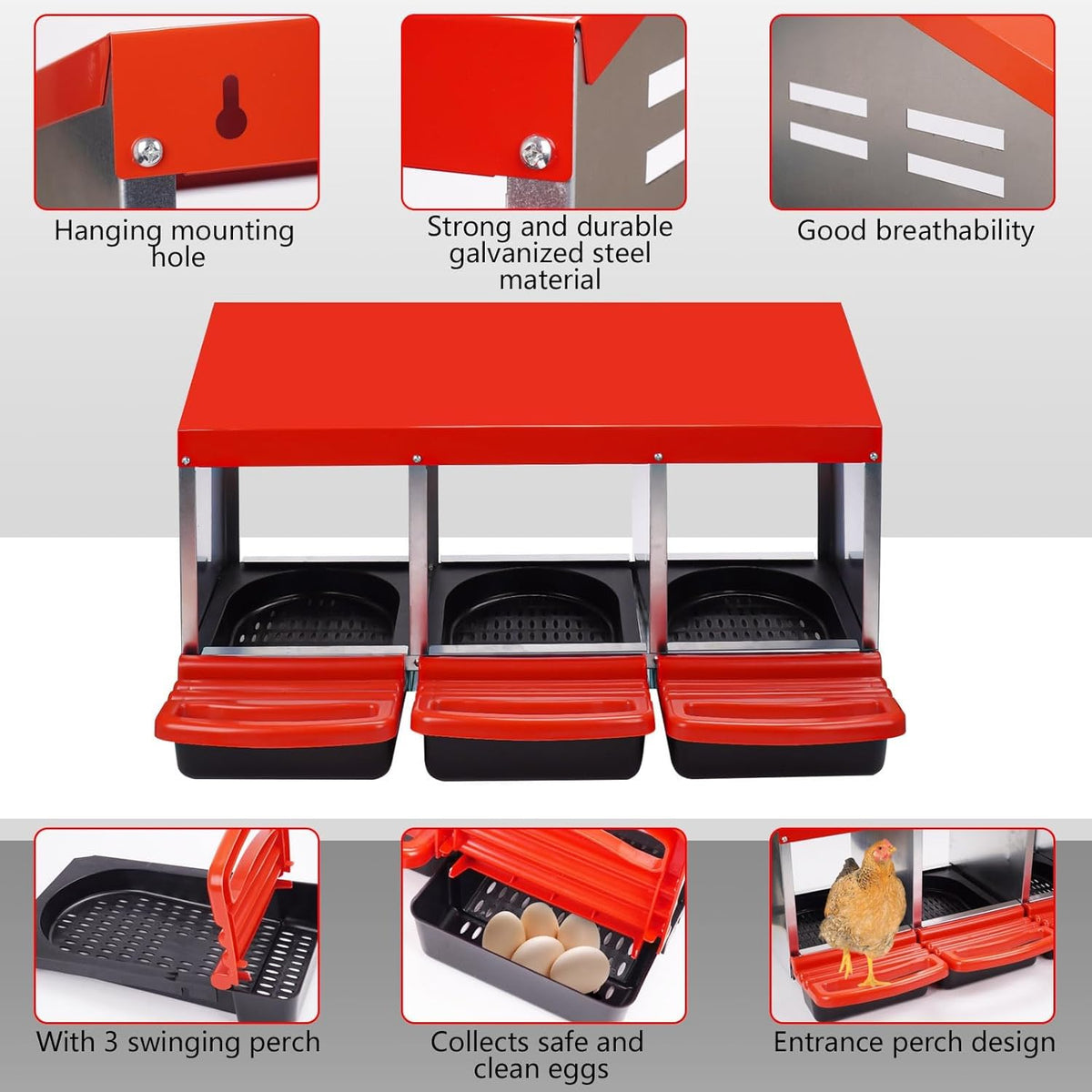 3 Compartment Metal Chicken Nesting Box with Lid Cover I447