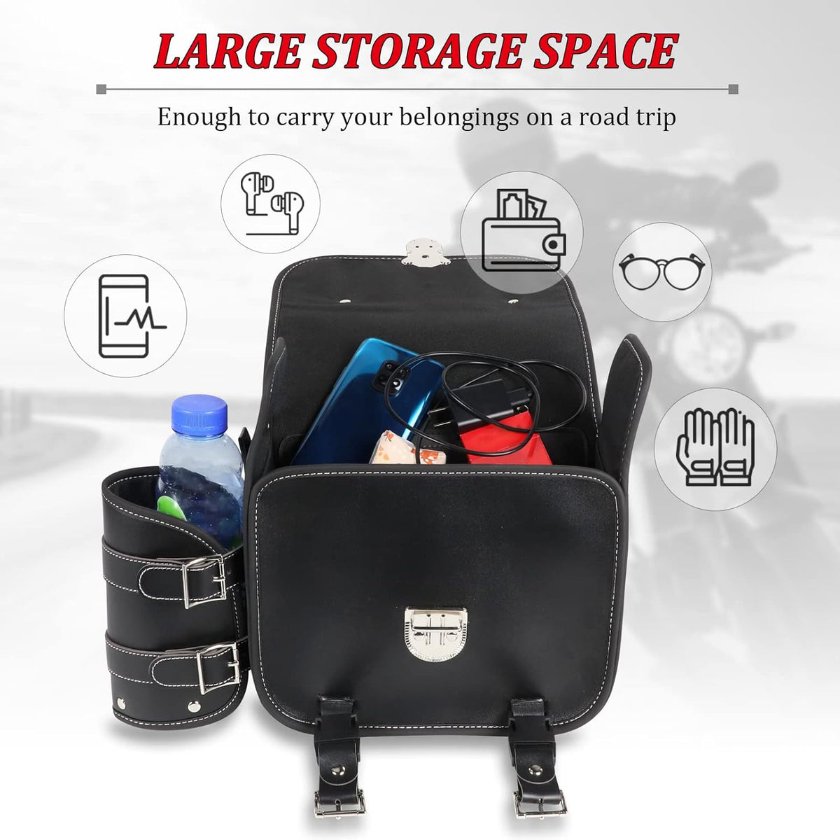 2 Pack Black Synthetic Leather Lockable Motorcycle Saddlebags K645952