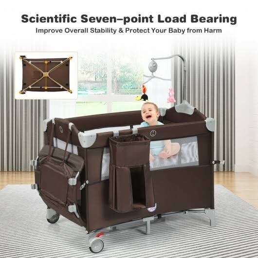 Beige Portable Baby Bassinet Crib Playard with Diaper Changer P1696