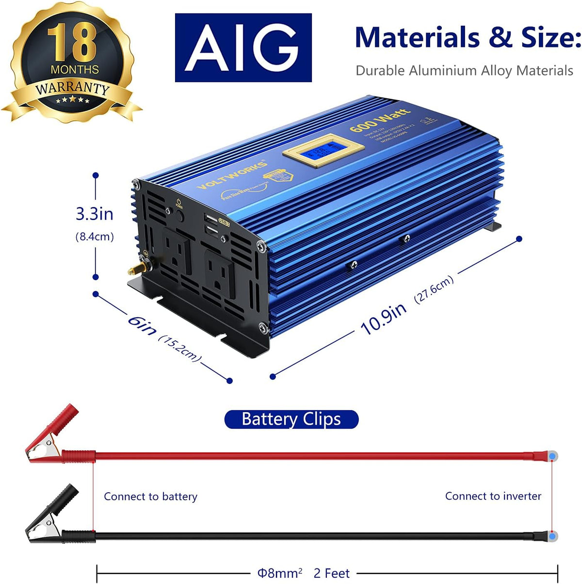 600 Watts Pure Sine Wave Power Inverter DC 12V to AC 110V with Dual USB Port & LCD Display D134