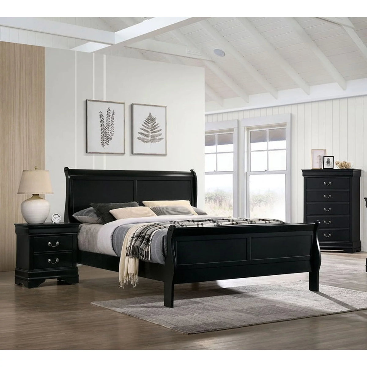 Black Queen Size Solidwood Sleigh Bed Q768000