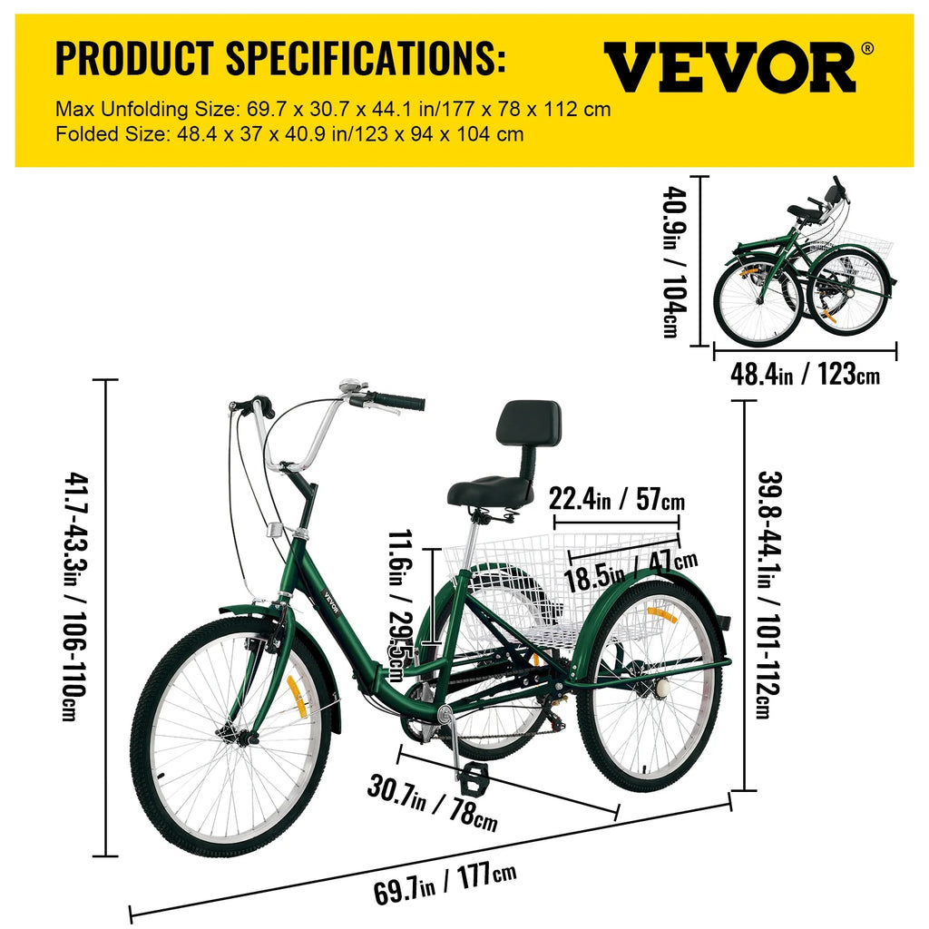 Foldable 7-Speed Adult Tricycle 24" Wheels V48579