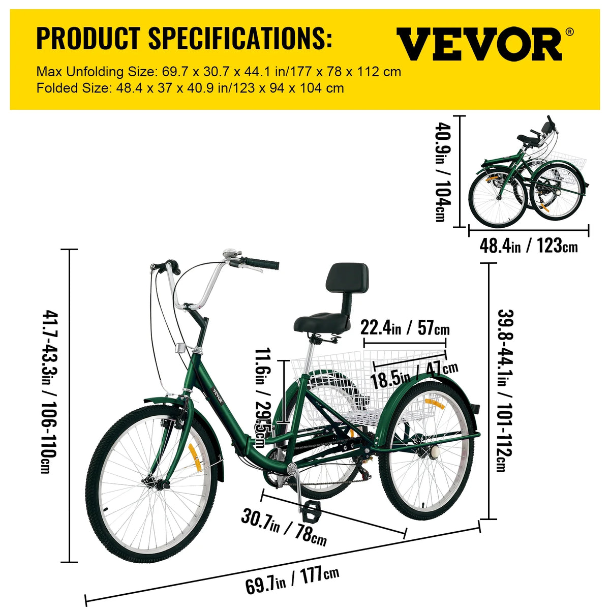 Foldable 7-Speed Adult Tricycle 24" Wheels V48579