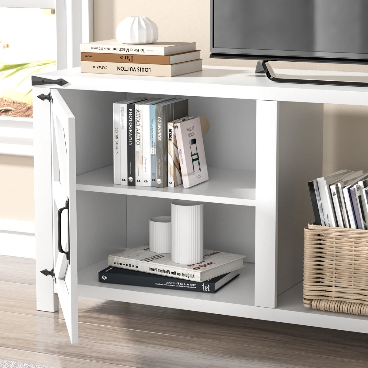 70" White TV Stand with Barn Doors T418419