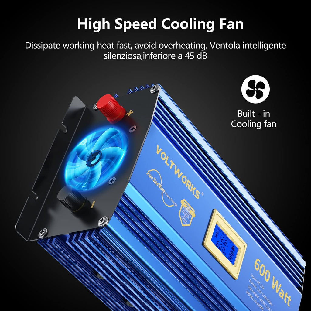 600 Watts Pure Sine Wave Power Inverter DC 12V to AC 110V with Dual USB Port & LCD Display D134