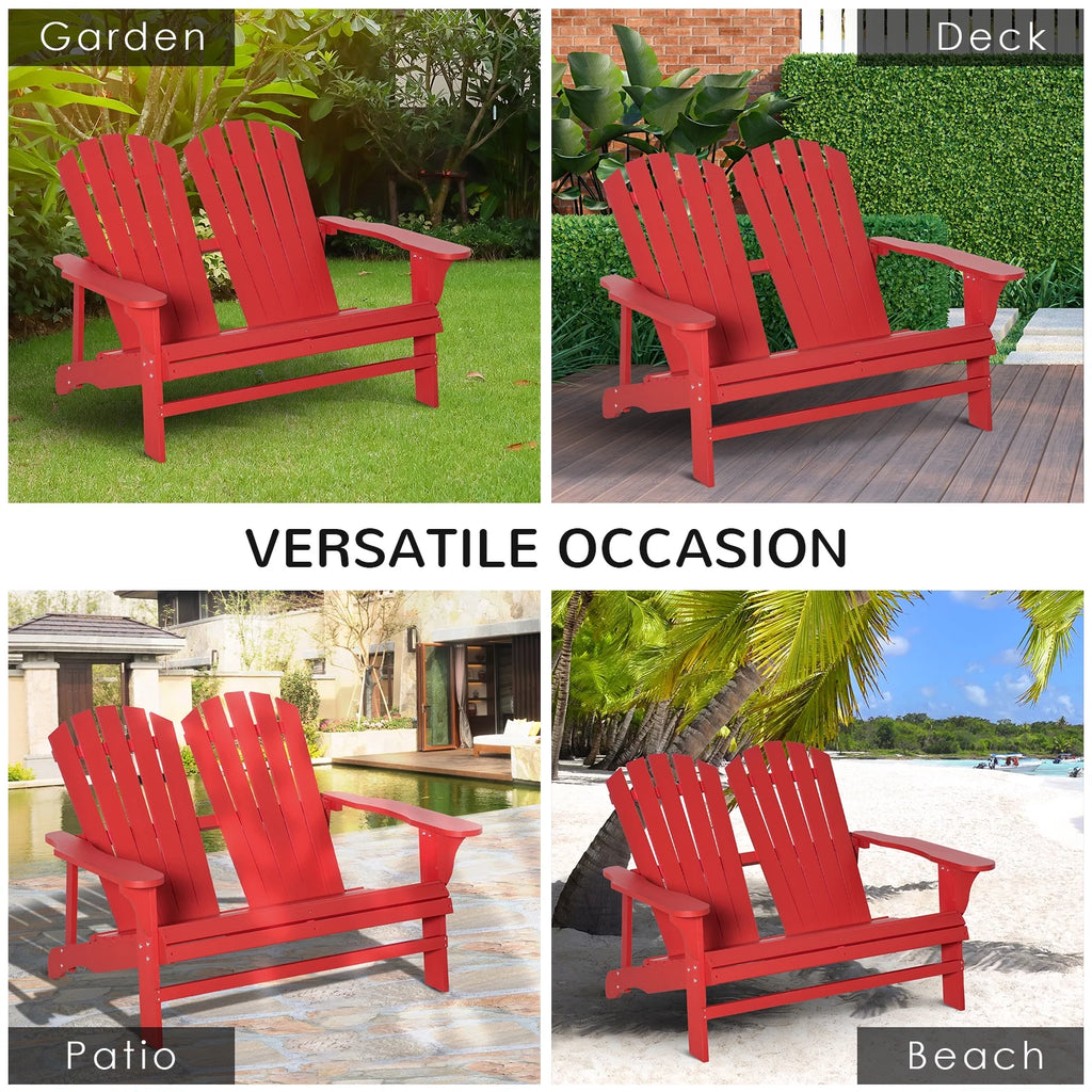 2 Person Wooden Adirondack Loveseat with High-back, Wide Armrests, Red E88607