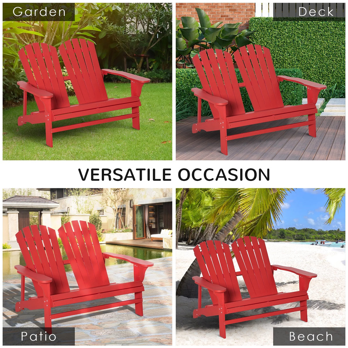 2 Person Wooden Adirondack Loveseat with High-back, Wide Armrests, Red E88607