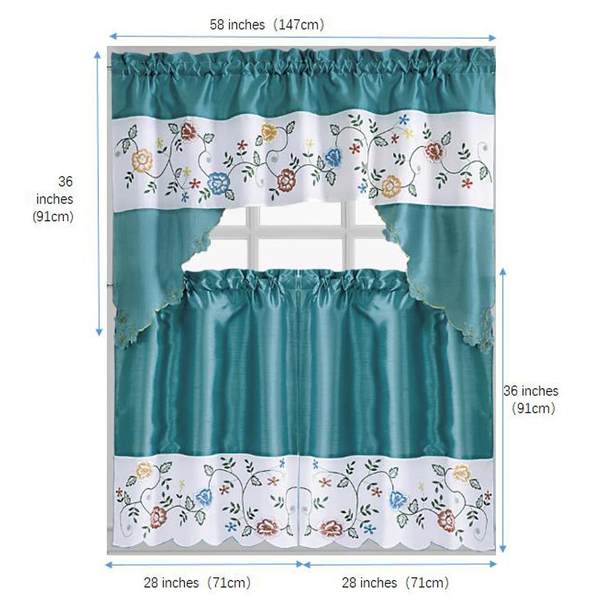 Turquoise 3-Piece Kitchen Curtain Set, 58x36 & 28x36 inches Z946